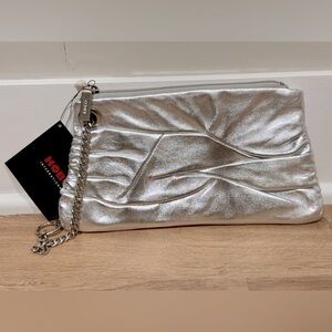NEW HOBO Vintage Y2K Metallic Gathered Leather Chain Wristlet/Clutch